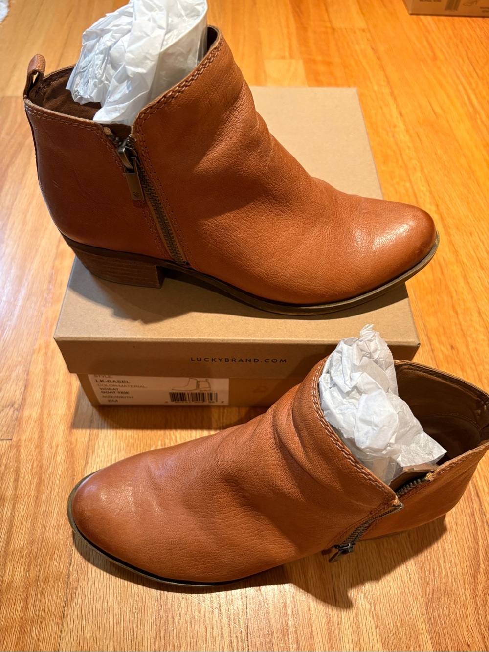 Lucky Brand Cognac Leather Ankle Booties with Side Zipper